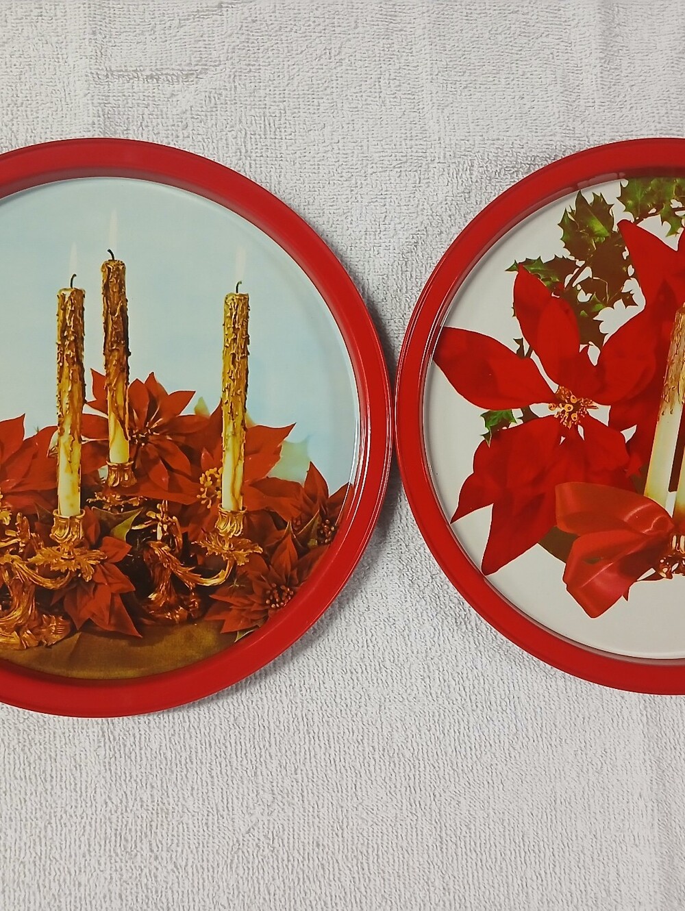 Vintage Christmas metal serving trays with poinsettias and candles